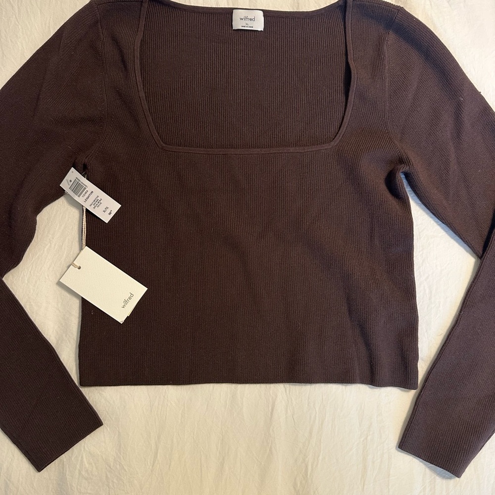 Aritzia Wilfred Leighton Chocolate Brown Ribbed Square-Neck Top